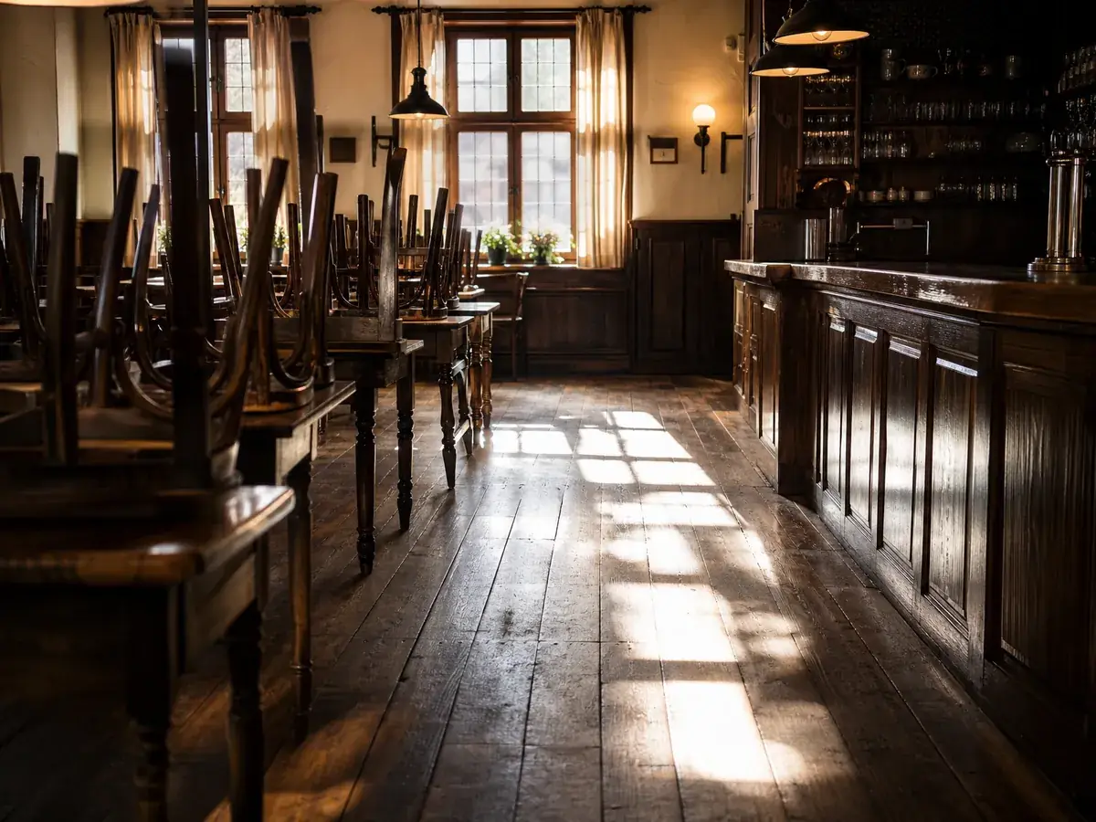 Leerer Gastraum eines Restaurants mit hochgestellten Stühlen, bereit zur Übernahme durch einen neuen Pächter