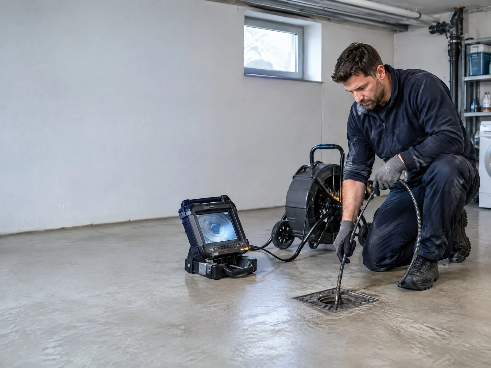 Rohrreiniger untersucht im Keller einen Abfluss mit Spirale und Kamerasystem
