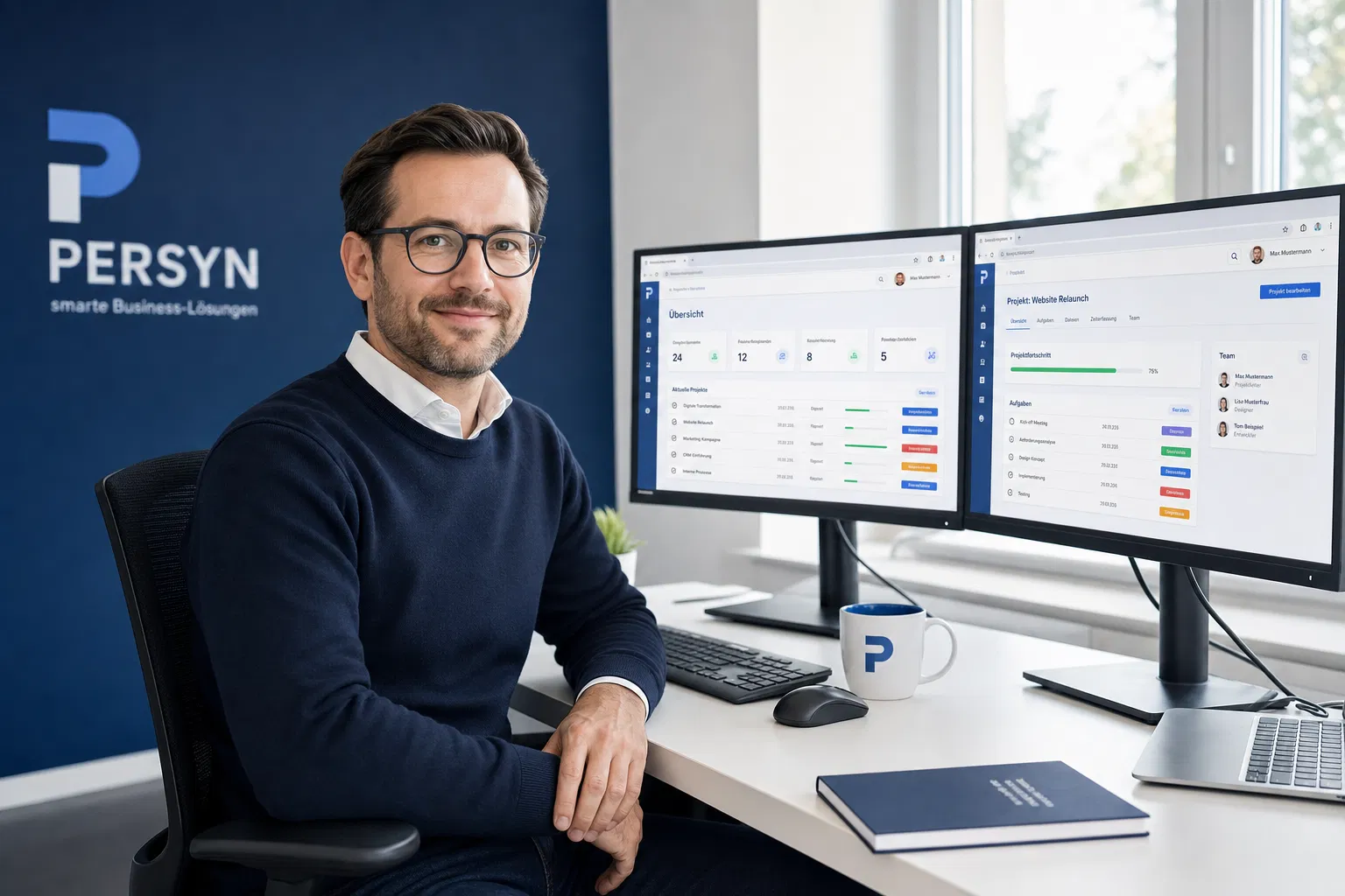 Mann mit Brille im dunklen Pullover sitzt an einem Schreibtisch mit zwei Monitoren, im Hintergrund eine blaue Wand mit Firmenschriftzug