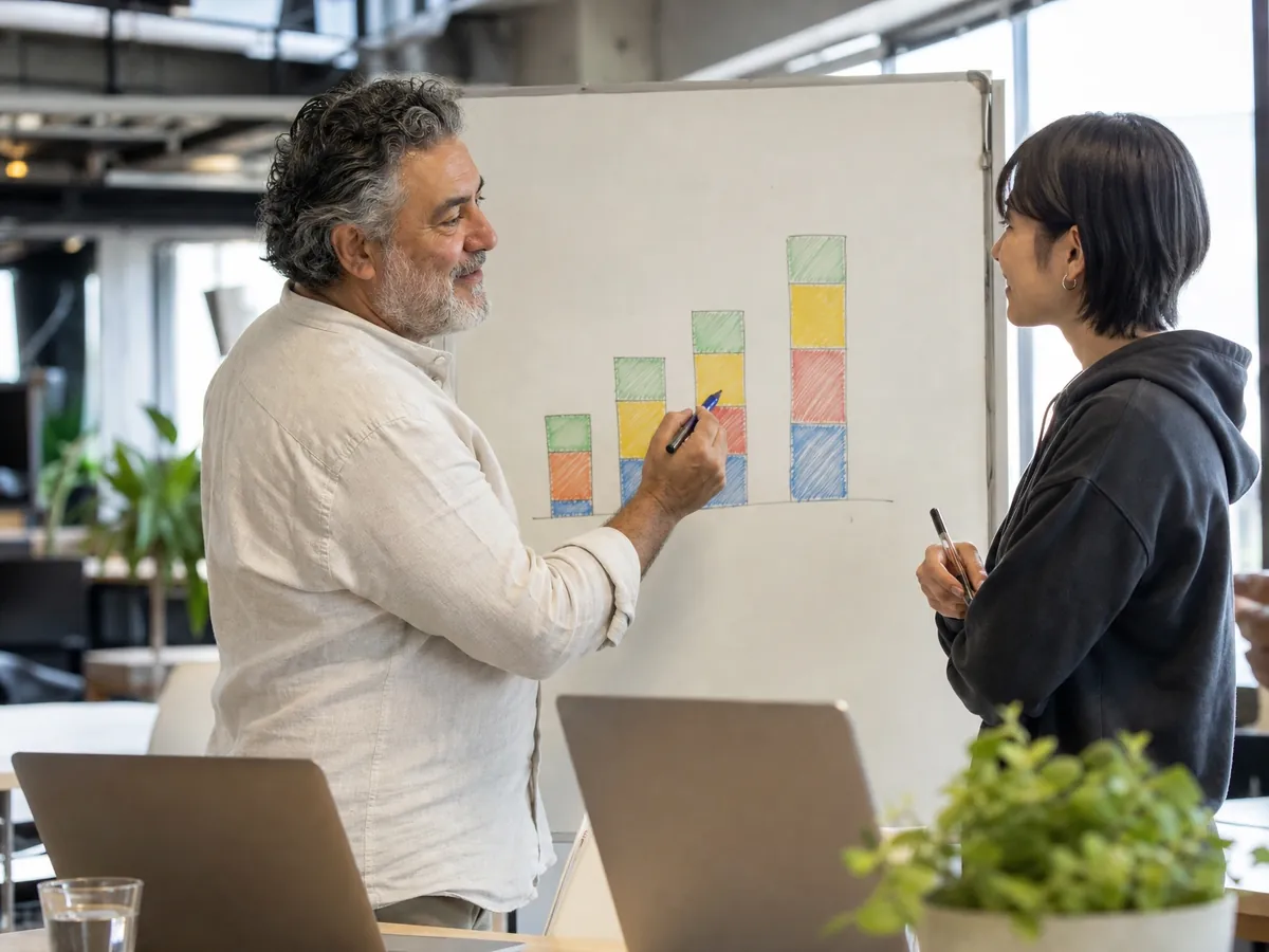 Gründer plant mit einer Entwicklerin die Kosten für sein SaaS-Unternehmen am Whiteboard