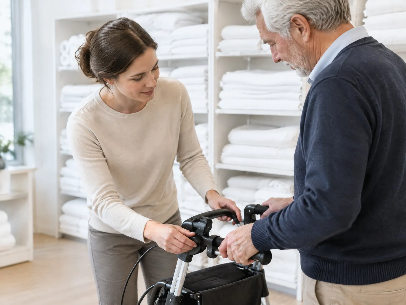 Sanitätshaus eröffnen: Mitarbeiterin stellt einem Kunden den Rollator ein