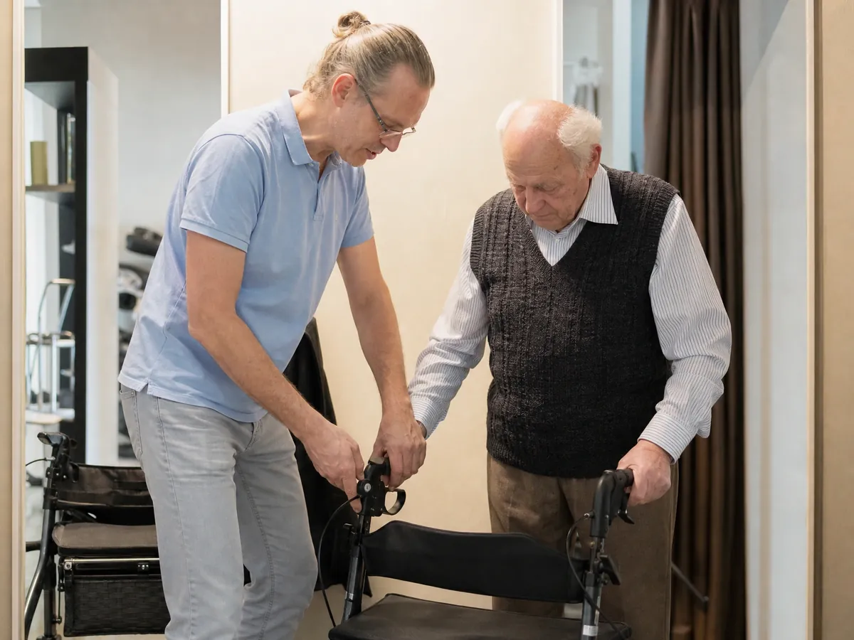 Inhaber eines Sanitätshauses passt einem älteren Kunden die Griffhöhe eines Rollators an