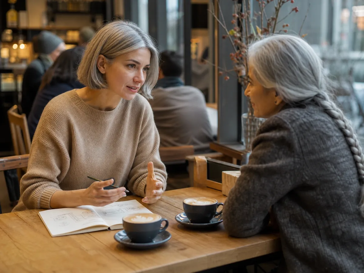 Gründerin prüft ihre Geschäftsidee im Gespräch mit einer möglichen Kundin in einem Café