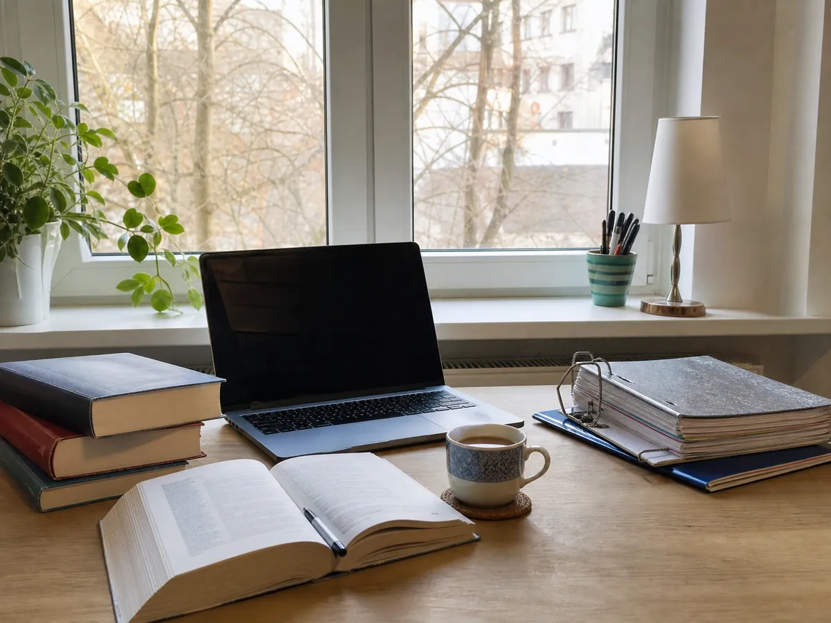 Arbeitsplatz eines selbstständigen Übersetzers mit Laptop, Wörterbüchern und Belegordner für die Steuer