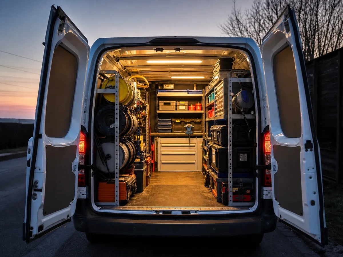Ausgebauter Transporter eines Elektrikers mit Kabeltrommeln und Sortimentskästen, der größte Kostenposten