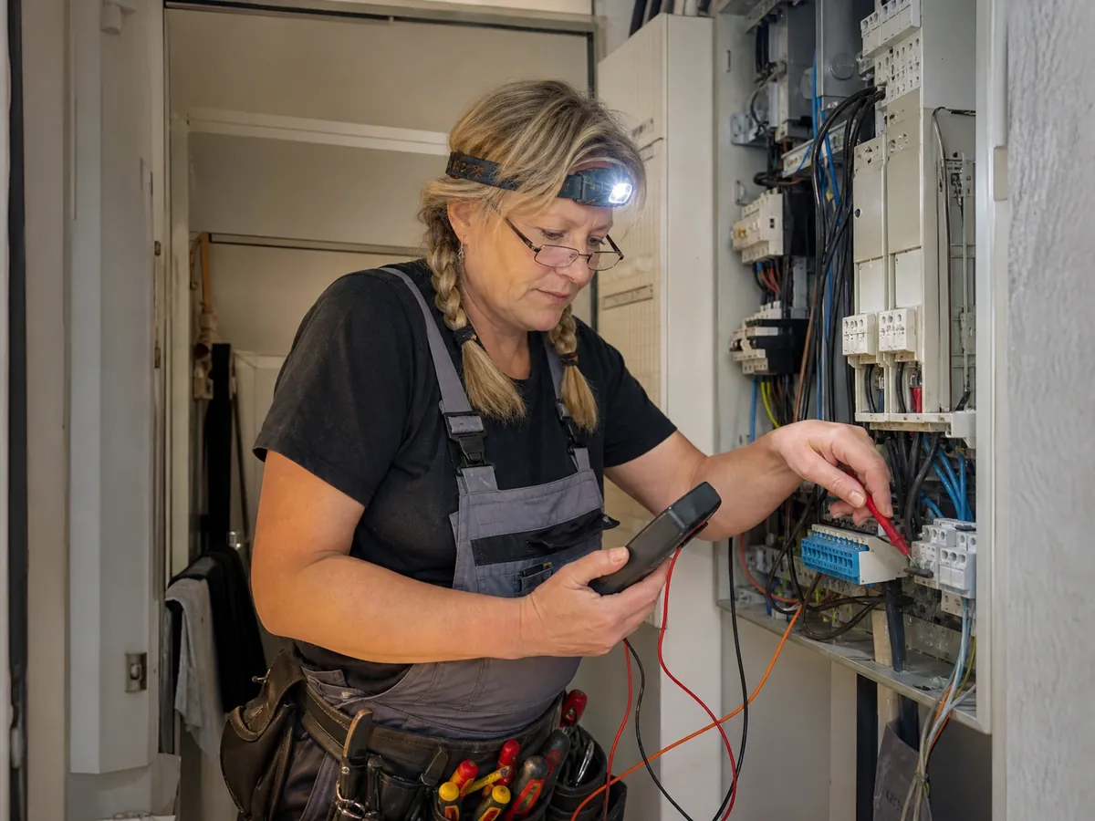 Elektromeisterin prüft mit dem Messgerät die Verdrahtung eines Zählerschranks im Hausanschlussraum