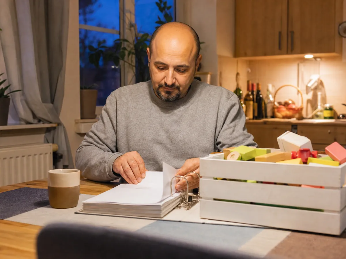 Selbstständiger Erzieher sortiert abends Belege für die Steuer neben einer Kiste mit Holzspielzeug