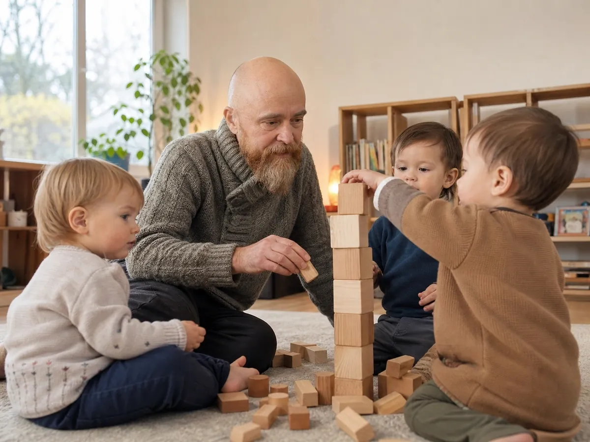 Selbstständiger Tagesvater baut in der Kindertagespflege mit Kleinkindern einen Turm aus Holzklötzen