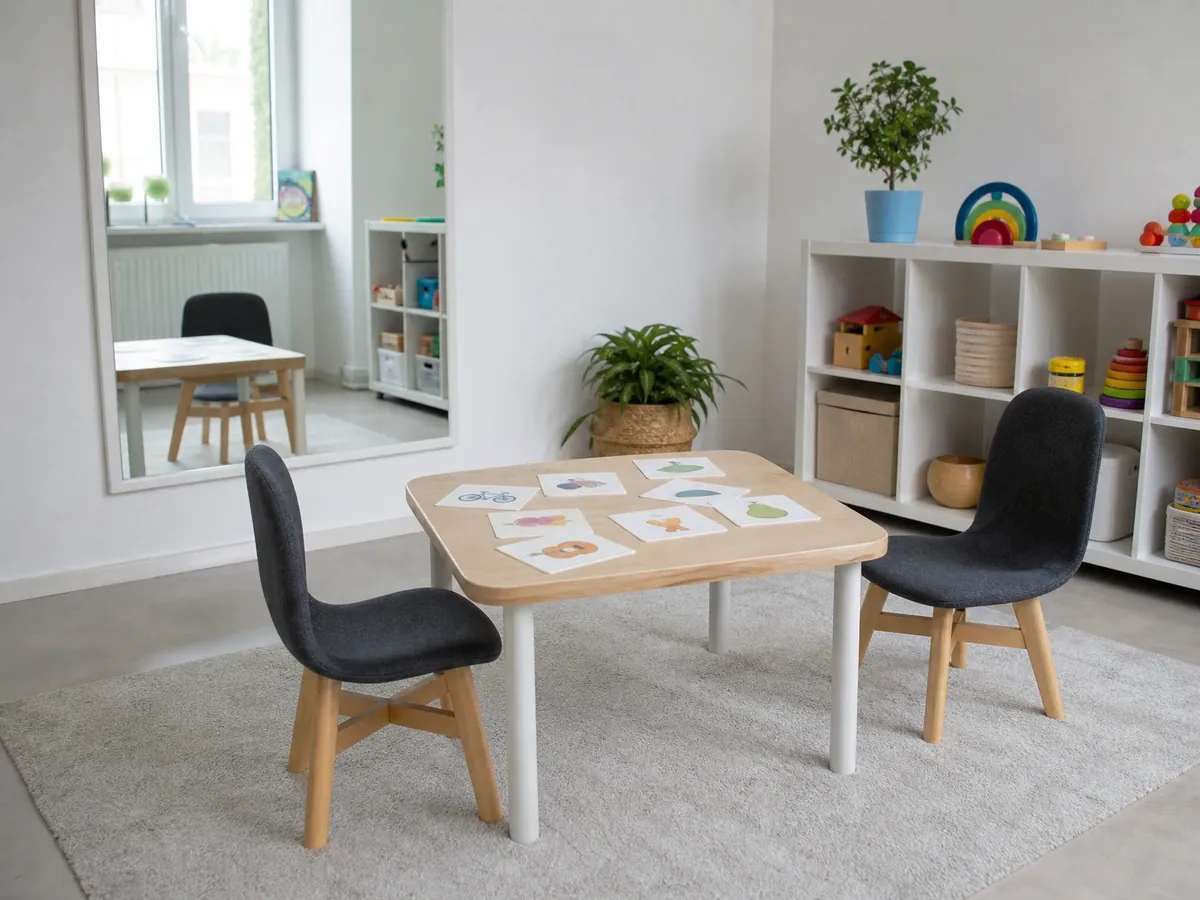 Eingerichteter Therapieraum einer Logopädiepraxis mit Wandspiegel, Bildkarten und Spielmaterial