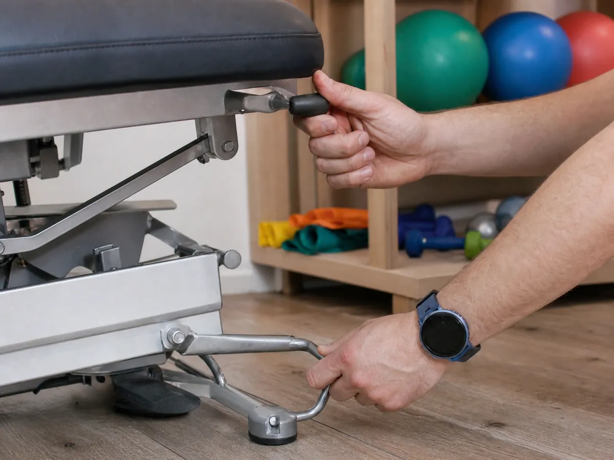 Hände stellen eine elektrische Behandlungsliege ein, dahinter Ausstattung einer Physiotherapiepraxis