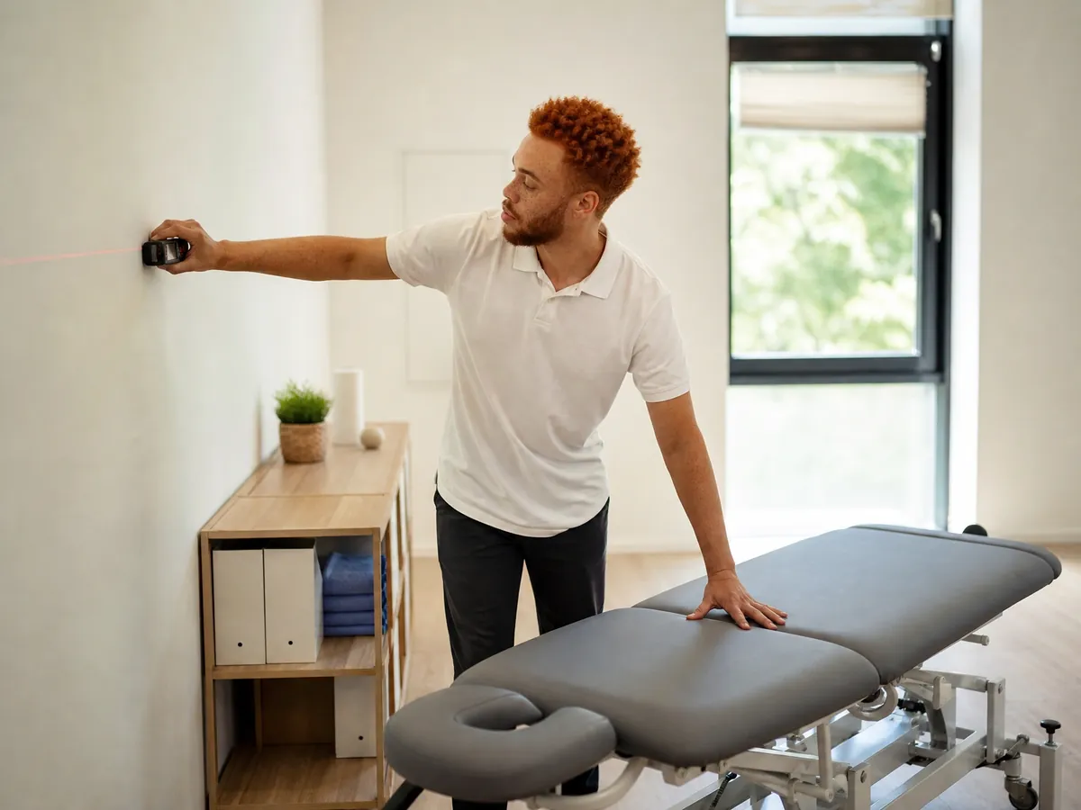 Physiotherapeut misst den Raum für seine neue Physiotherapiepraxis aus und richtet die Liege aus