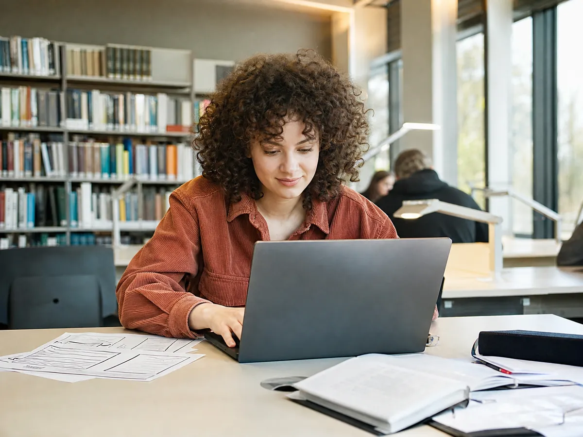 Studentin arbeitet in der Bibliothek an einem selbstständigen Webdesign-Auftrag neben dem Studium