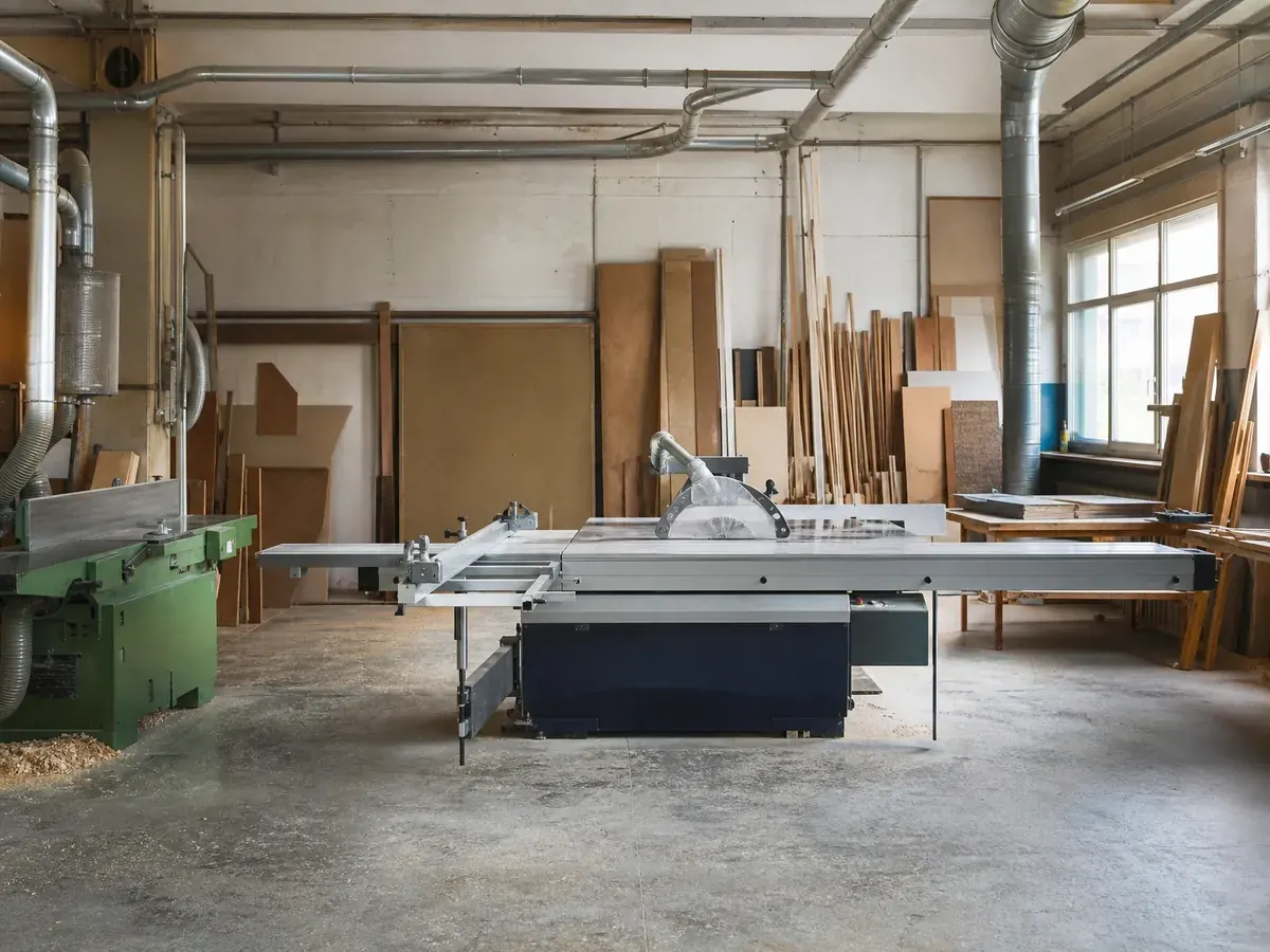 Werkstatt einer Tischlerei mit Formatkreissäge, Hobelmaschine und Absaugung, die größten Kostenposten