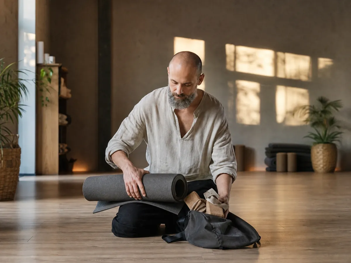 Yogalehrer packt im Studio seine eigene Matte ein, als freier Mitarbeiter mit eigenen Arbeitsmitteln