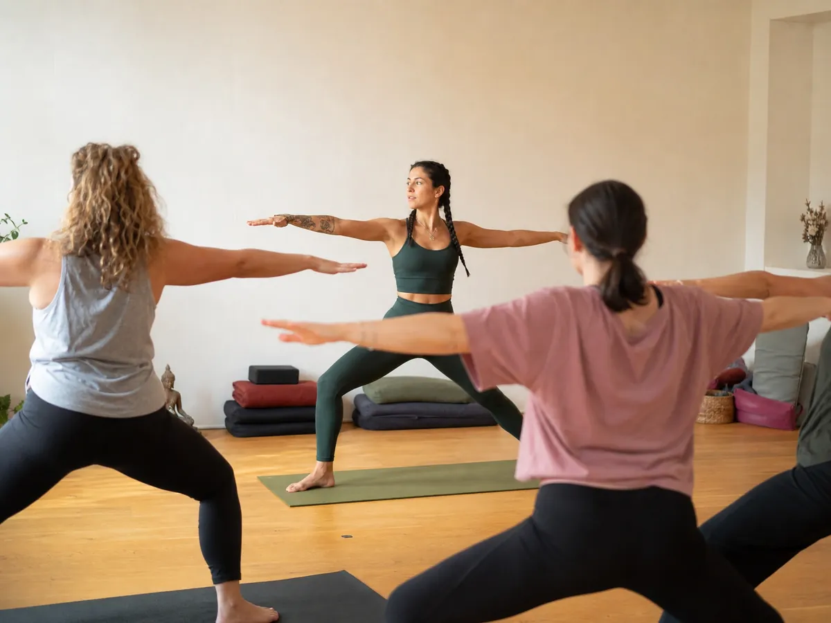 Selbstständige Yogalehrerin leitet in ihrem Kursraum eine kleine Gruppe in der Kriegerhaltung an
