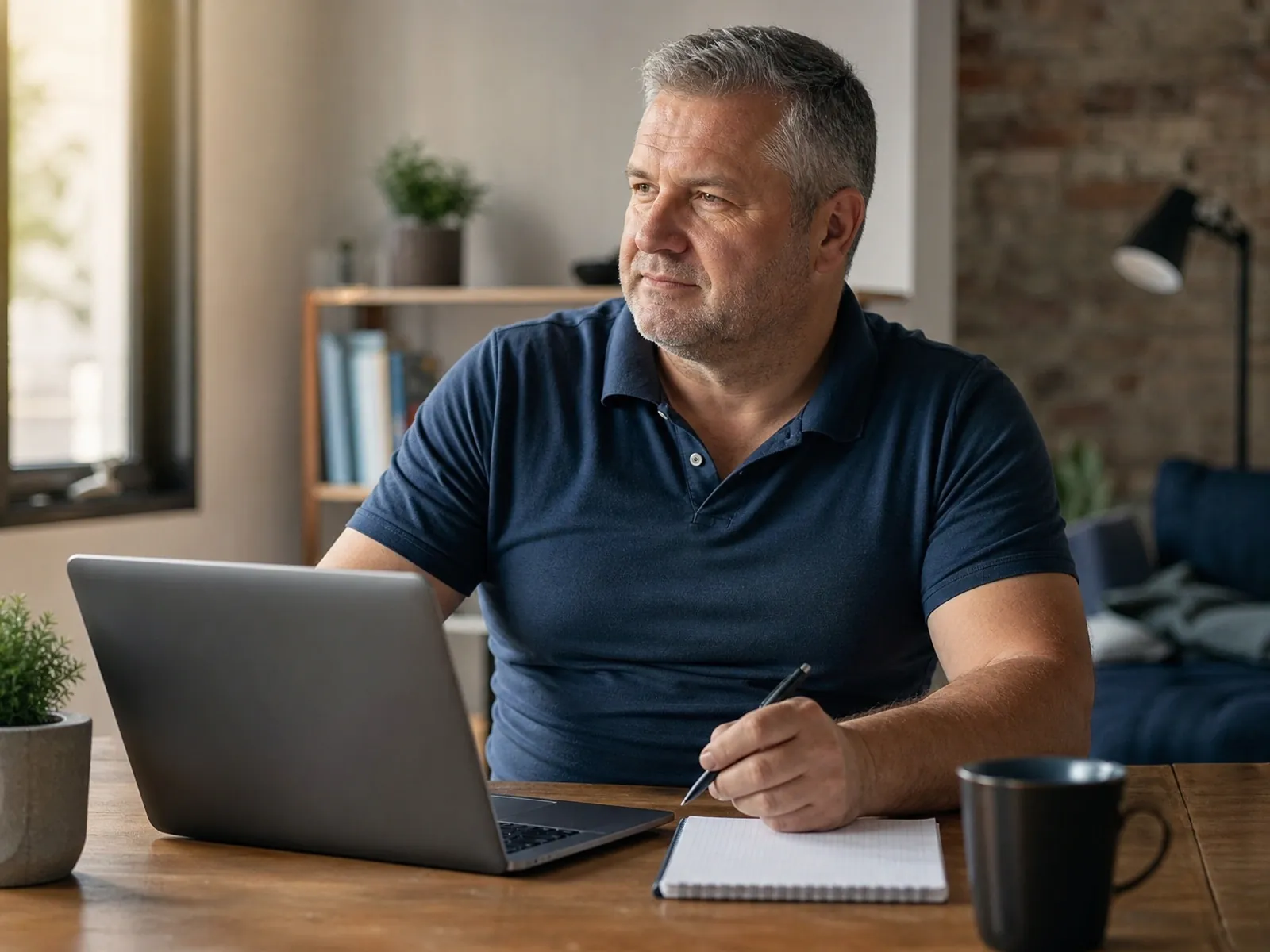 Selbstständig aus der Arbeitslosigkeit: Mann plant am Laptop zuversichtlich seinen Neustart