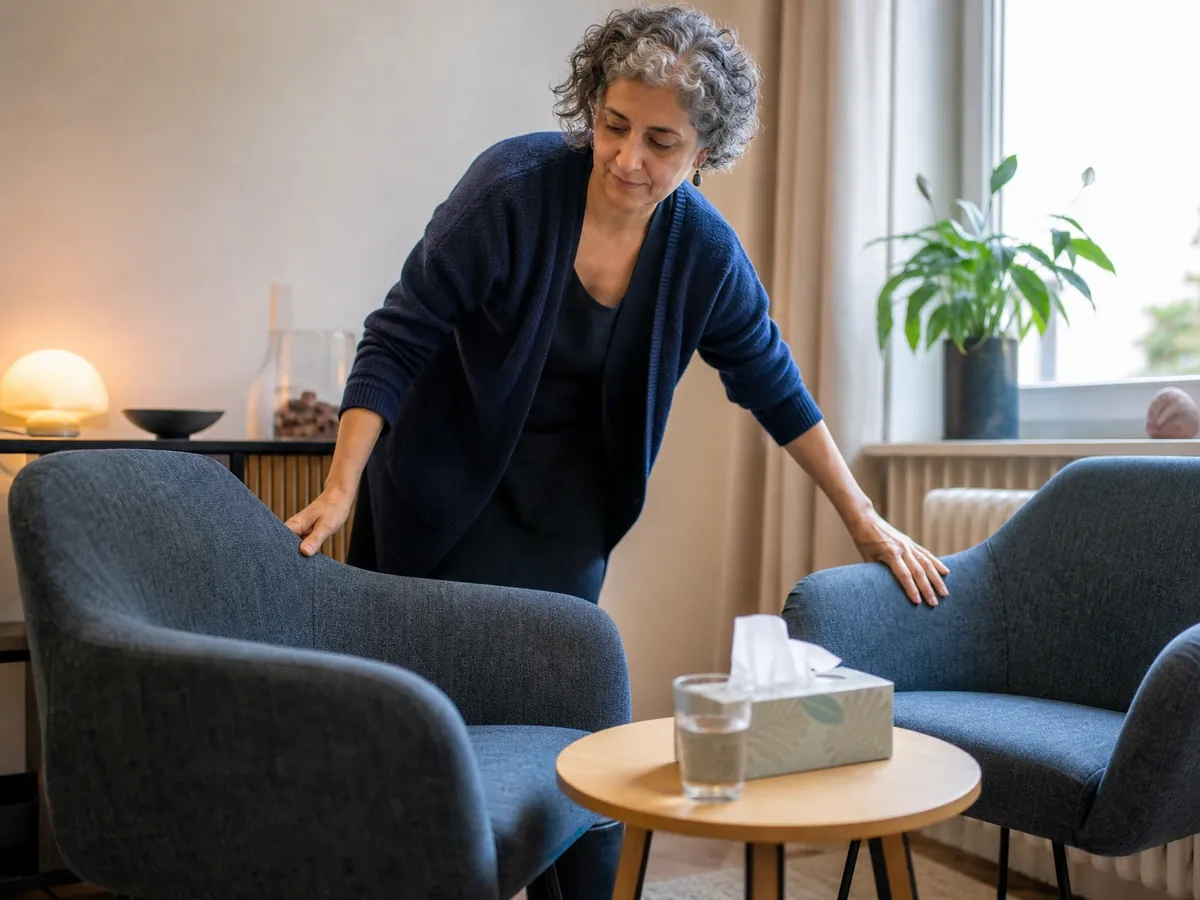 Psychotherapeutin richtet ihren Praxisraum ein, Thema Kassenzulassung im Gesundheitsbereich