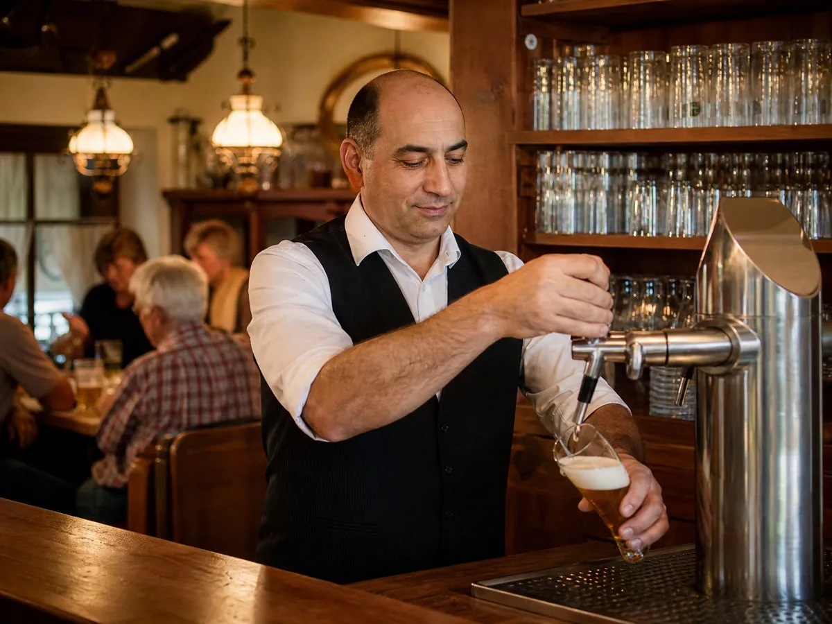 Wirt zapft in seiner Gaststätte ein Bier, denn für Alkoholausschank braucht er eine Erlaubnis