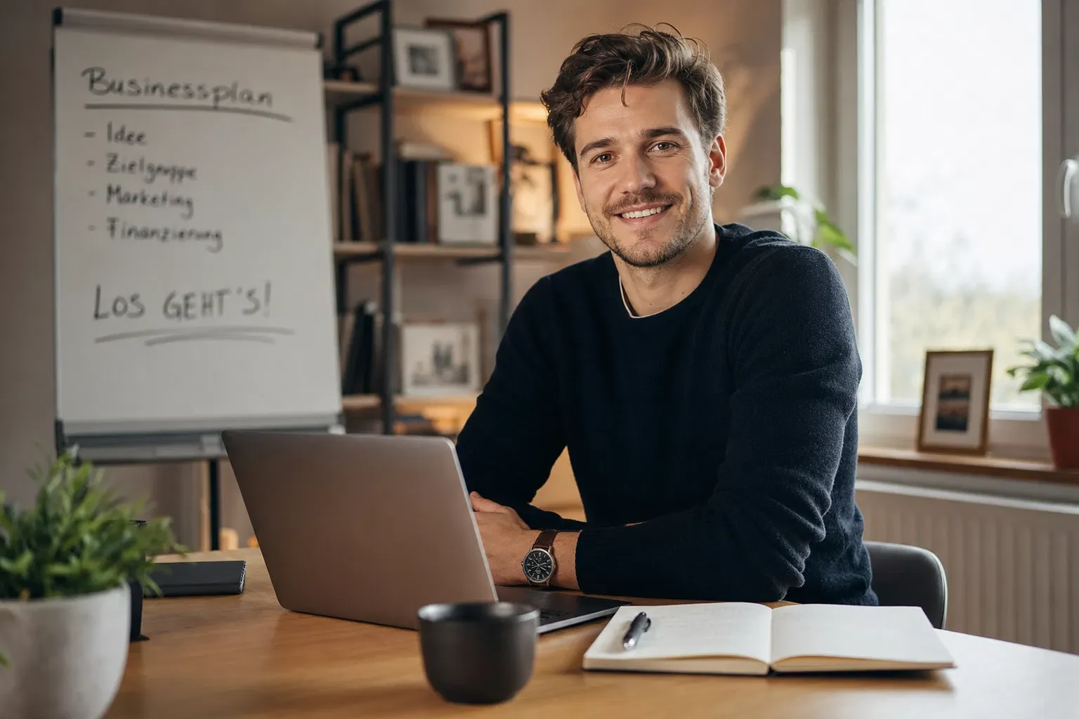 Lächelnder Mann im dunklen Pullover am Schreibtisch mit Laptop, hinter ihm ein Flipchart mit den Stichworten Businessplan, Idee, Zielgruppe, Marketing und Finanzierung