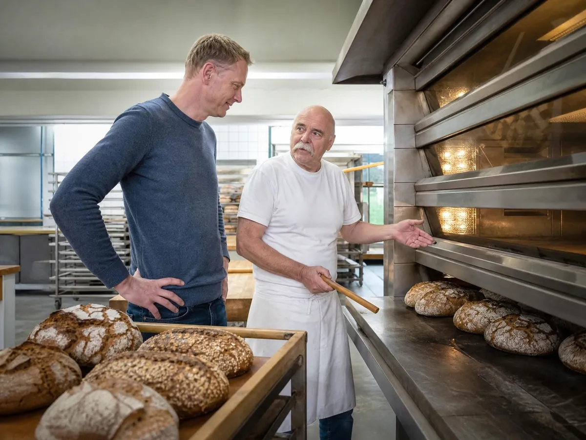 Nachfolger besichtigt mit dem Bäckermeister die Backstube als Alternative zur eigenen Geschäftsidee