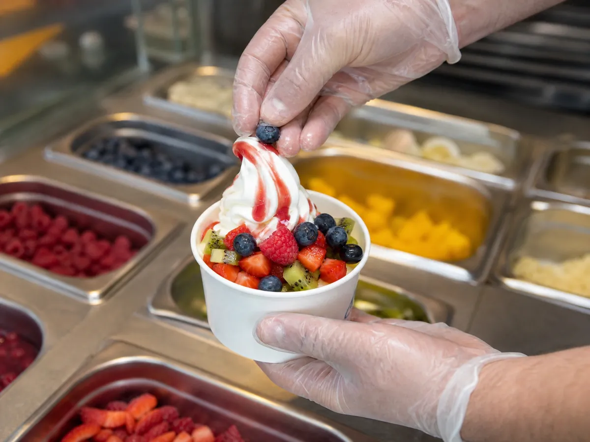 Hände richten Frozen Joghurt an einer standardisierten Theke an, typisch für ein Franchise-Konzept