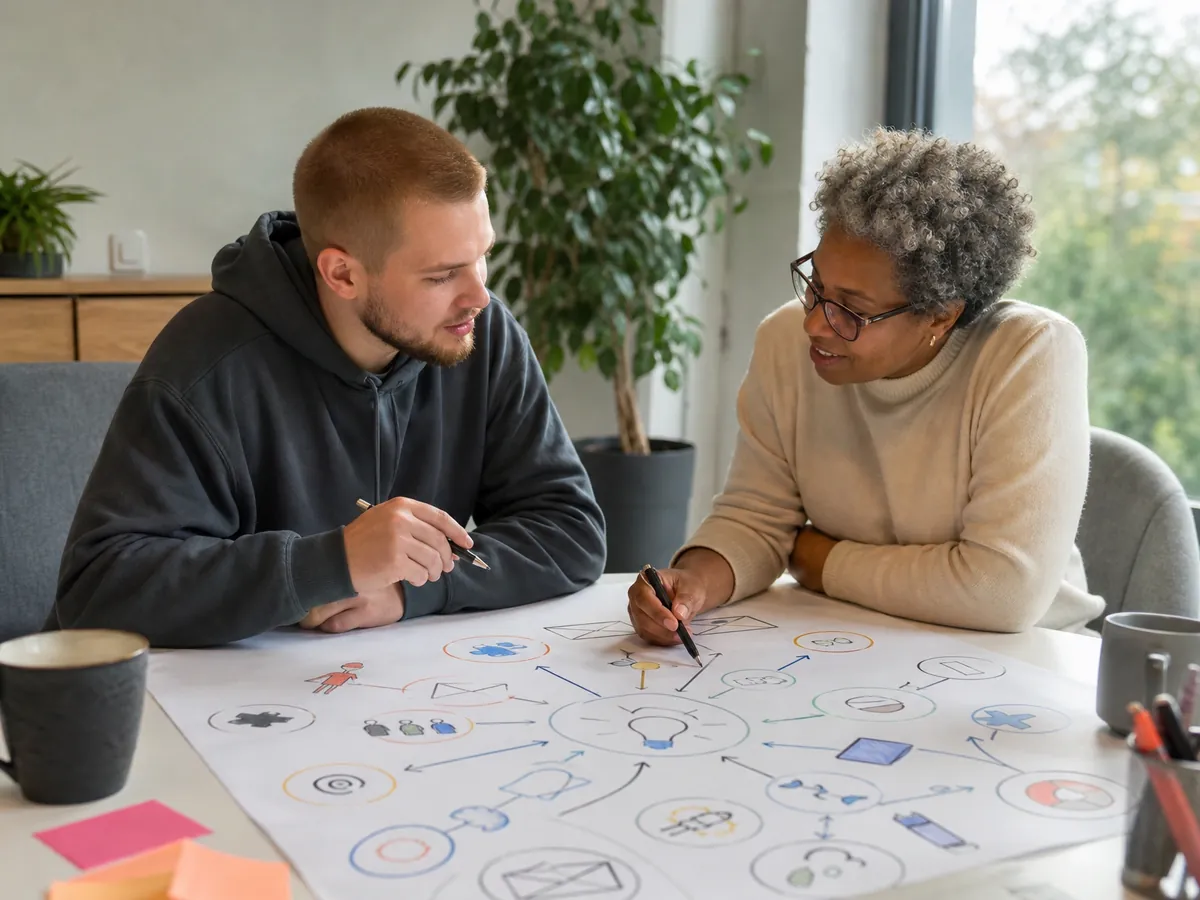 Junger Gründer arbeitet im Gründungscoaching mit seiner Coachin an einer Mindmap für sein Vorhaben