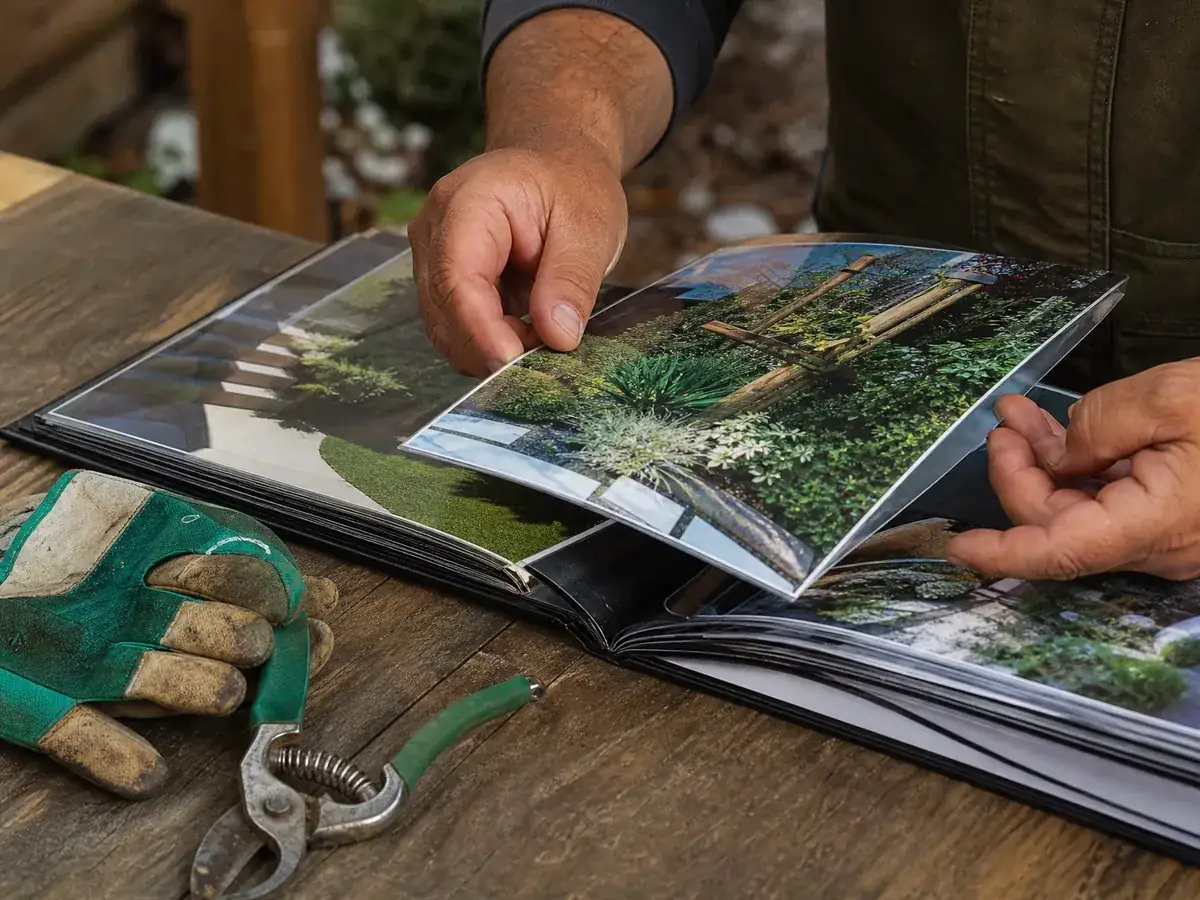 Hände blättern in einer Mappe mit Arbeitsproben aus dem Gartenbau als Ersatz für fehlende Ausbildung