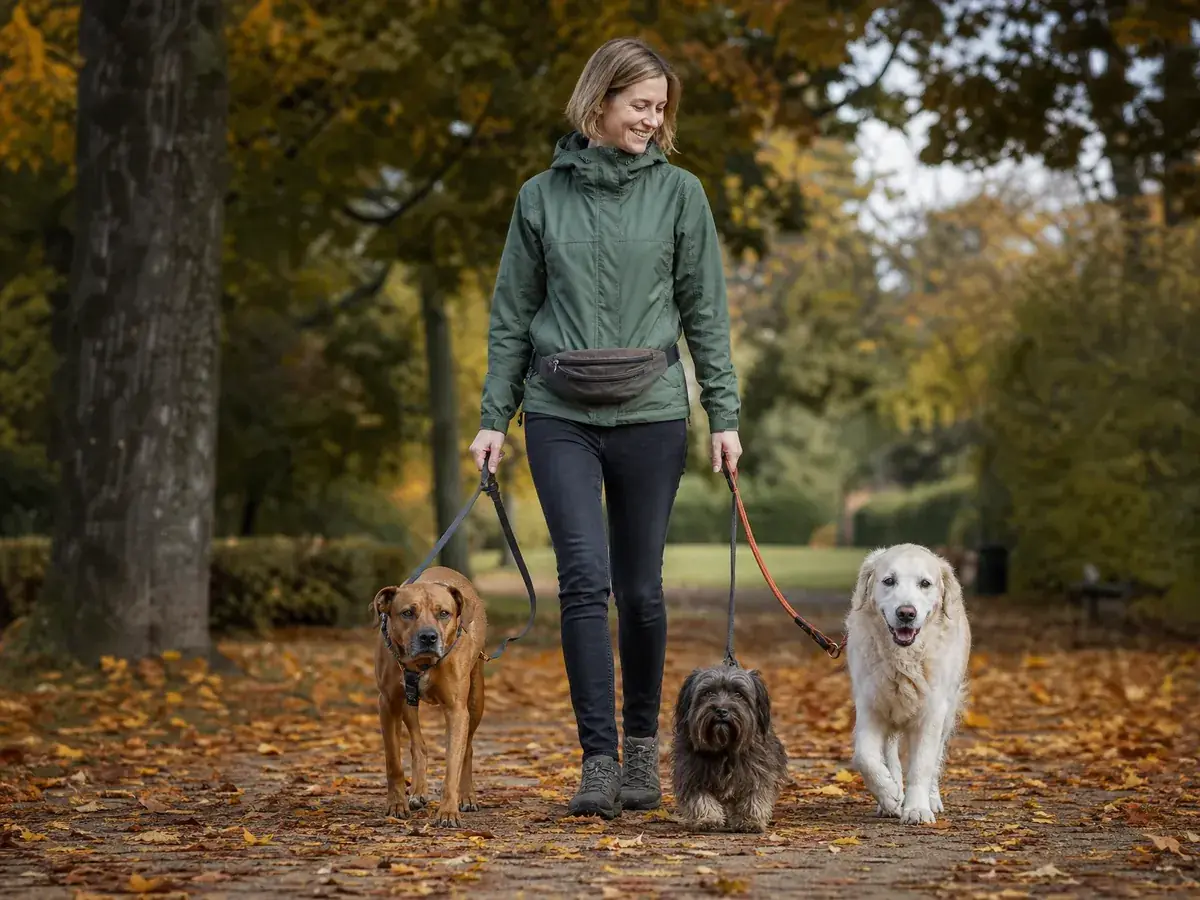 Selbstständige Hundesitterin geht mit drei Hunden durch den Park, eine Gründung ohne Berufsausbildung