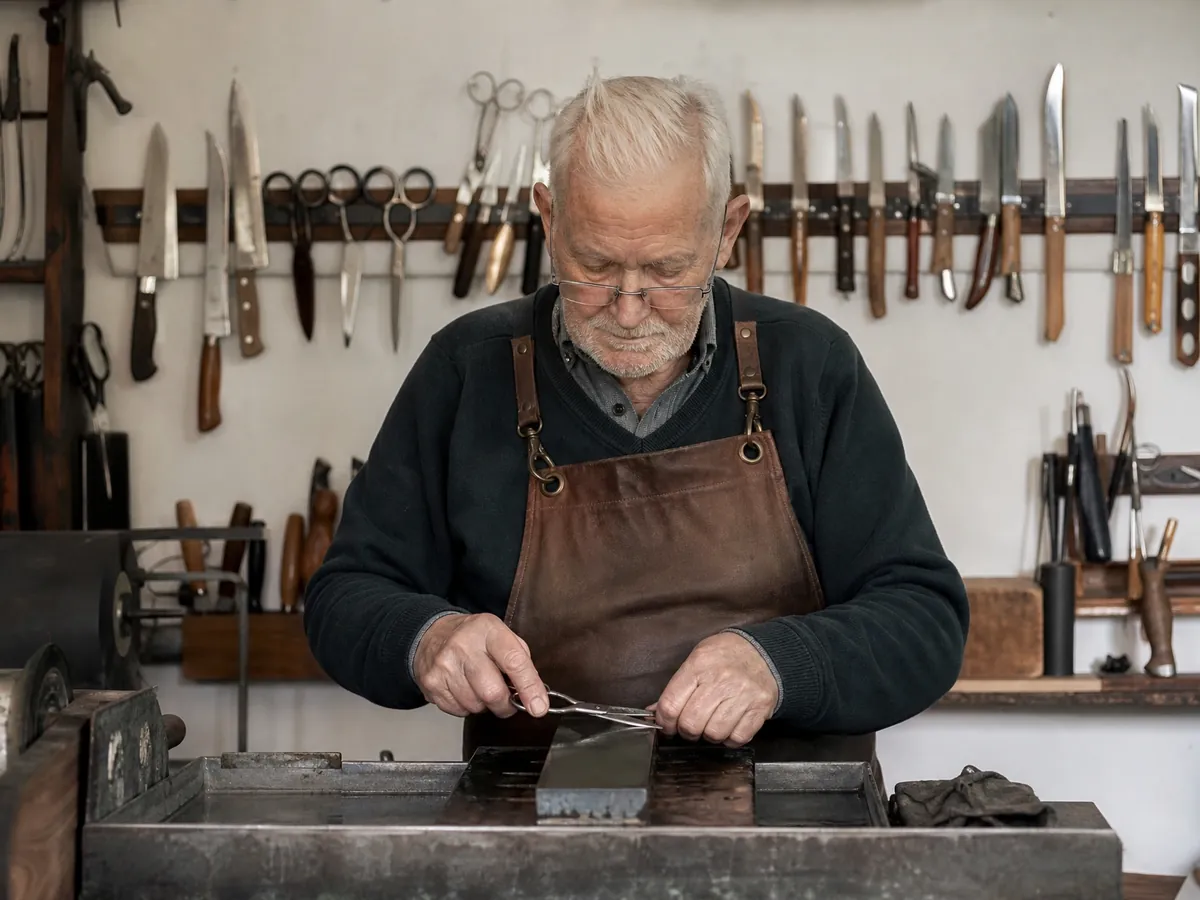 Älterer Scherenschleifer arbeitet in seiner Werkstatt, ein Handwerk, das ohne Meister möglich ist