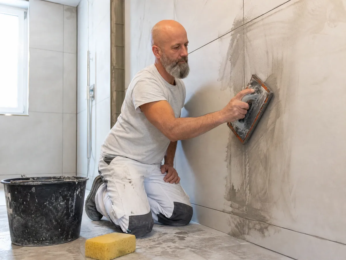 Fliesenleger verfugt ein Bad, ein zulassungsfreies Handwerk, für das kein Meisterbrief nötig ist