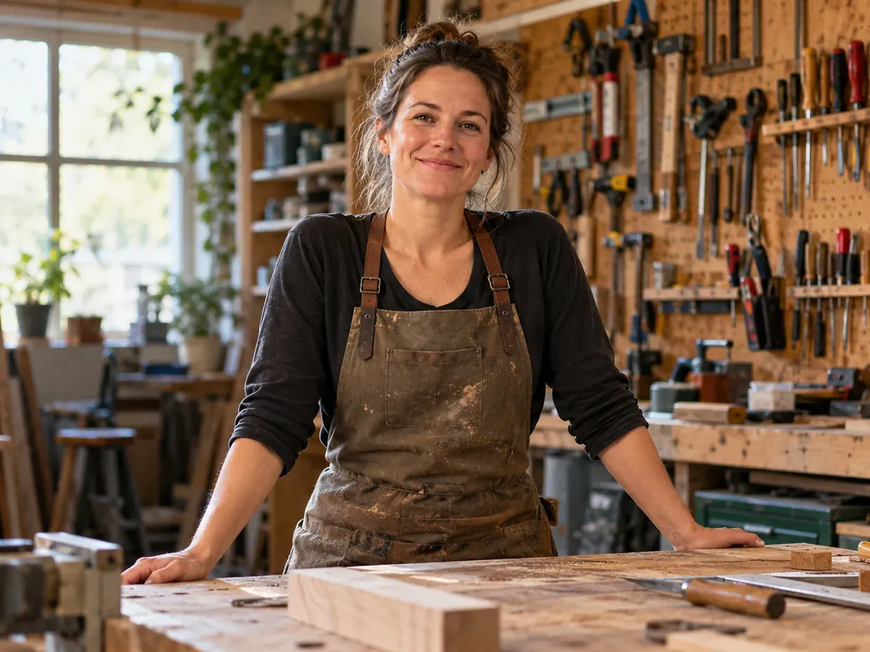 Selbstständig ohne Meister: Handwerkerin in ihrer eigenen kleinen Werkstatt an der Werkbank