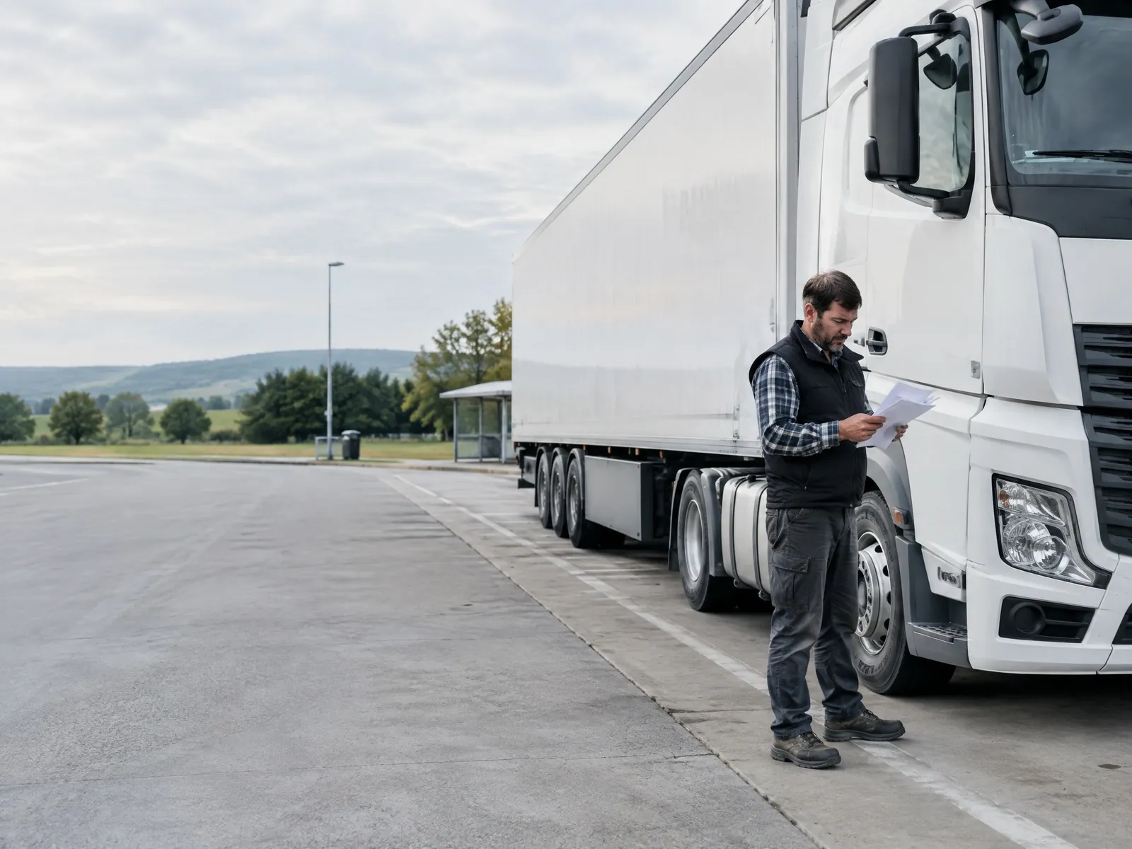 Lkw-Fahrer prüft auf einem Rastplatz neben seinem Sattelzug die Frachtpapiere