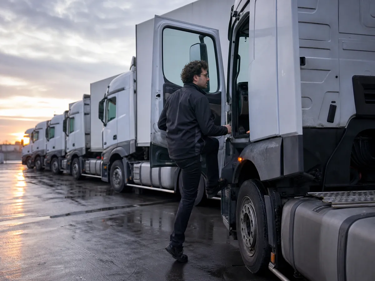 Lkw-Fahrer steigt auf dem Speditionshof in einen fremden Lkw, ein Hinweis auf Scheinselbstständigkeit