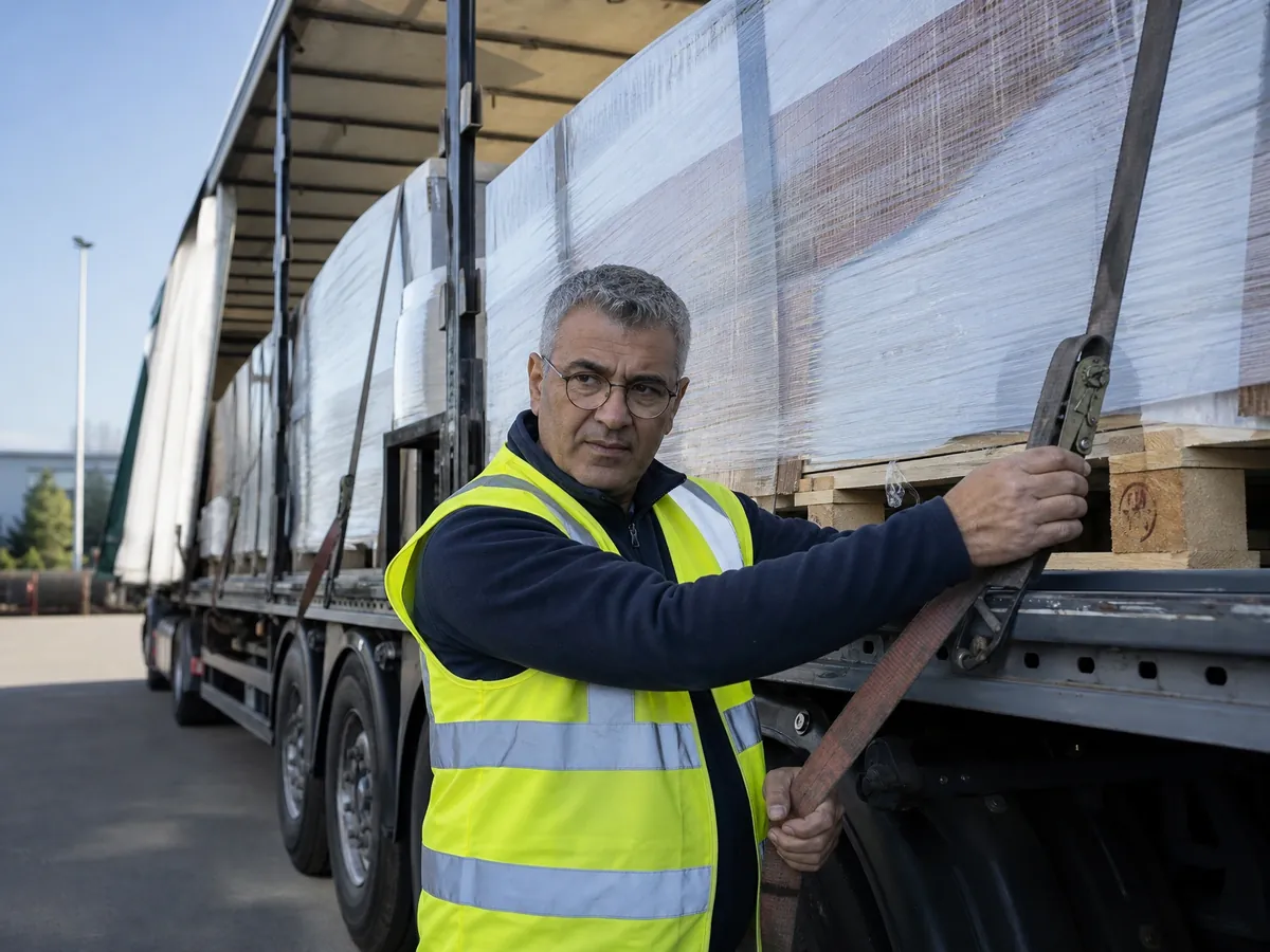 Selbstständiger Lkw-Unternehmer prüft an seinem eigenen Sattelzug die Ladungssicherung