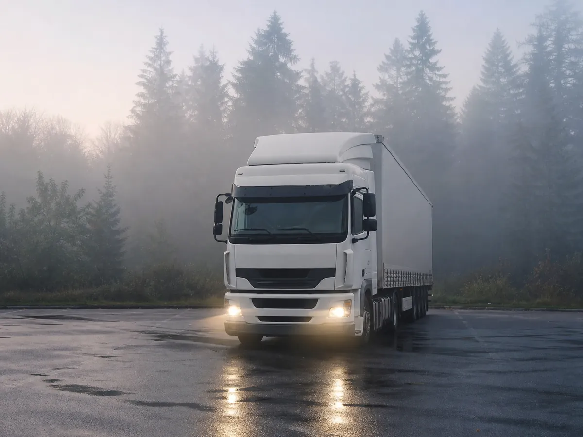 Weißer Sattelzug im Morgennebel auf einem Rastplatz, die größte Investition beim Start als Lkw-Fahrer