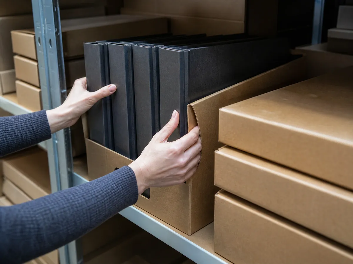 Hände verstauen Aktenordner in Archivkartons, die nach der Aufgabe der Selbstständigkeit aufbewahrt werden