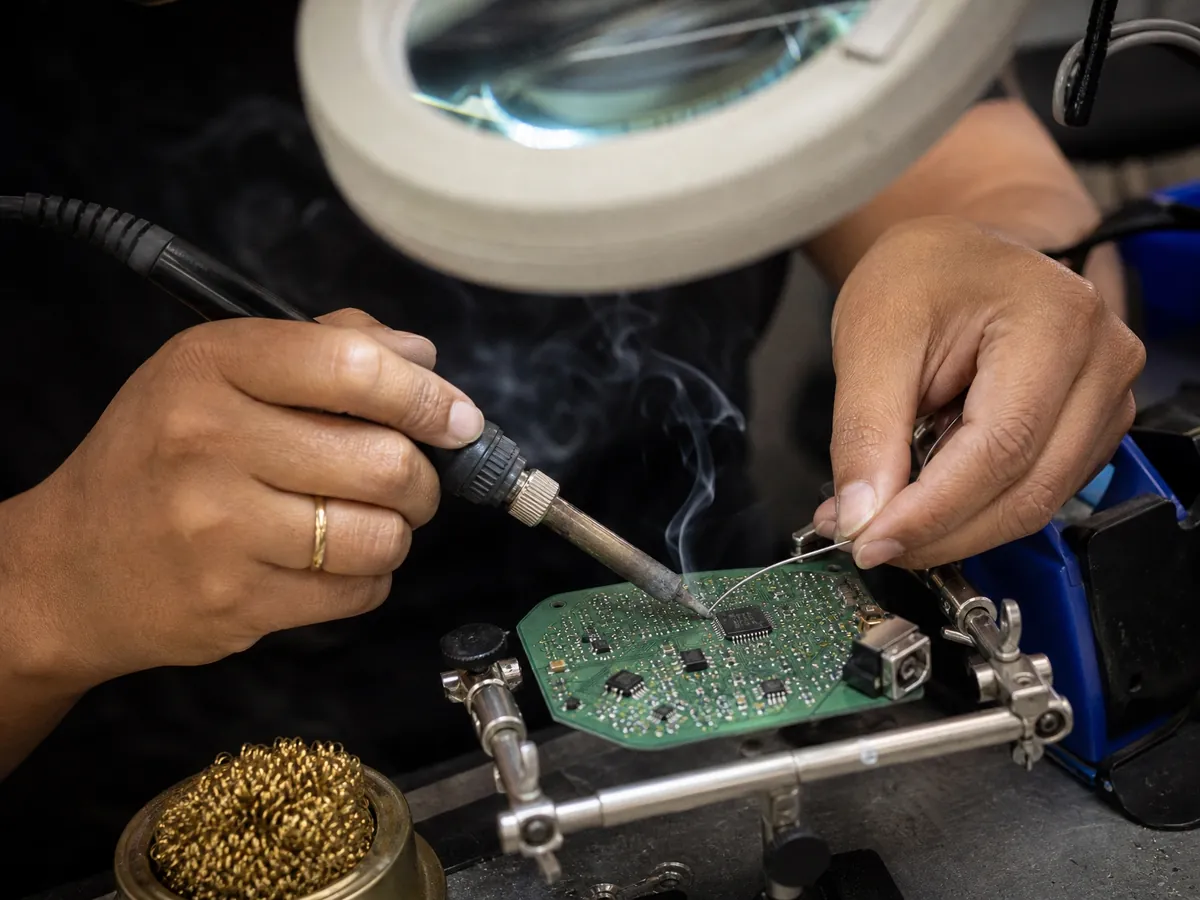 Hände löten Bauteile auf eine Platine, ein Beruf, für den der ausländische Abschluss zählt