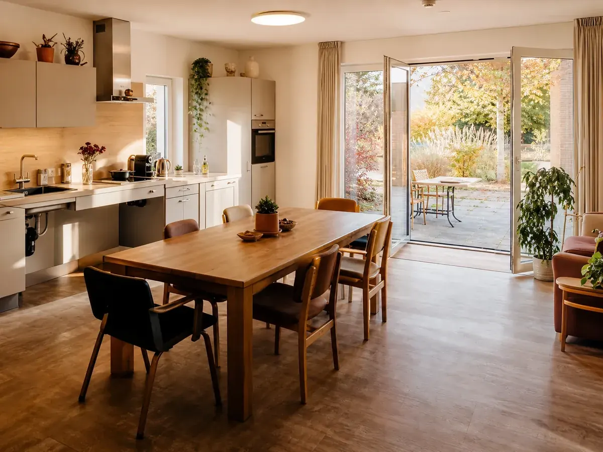 Barrierearme Wohnküche mit langem Tisch und bodengleichem Terrassenzugang, geeignet für eine Senioren-WG
