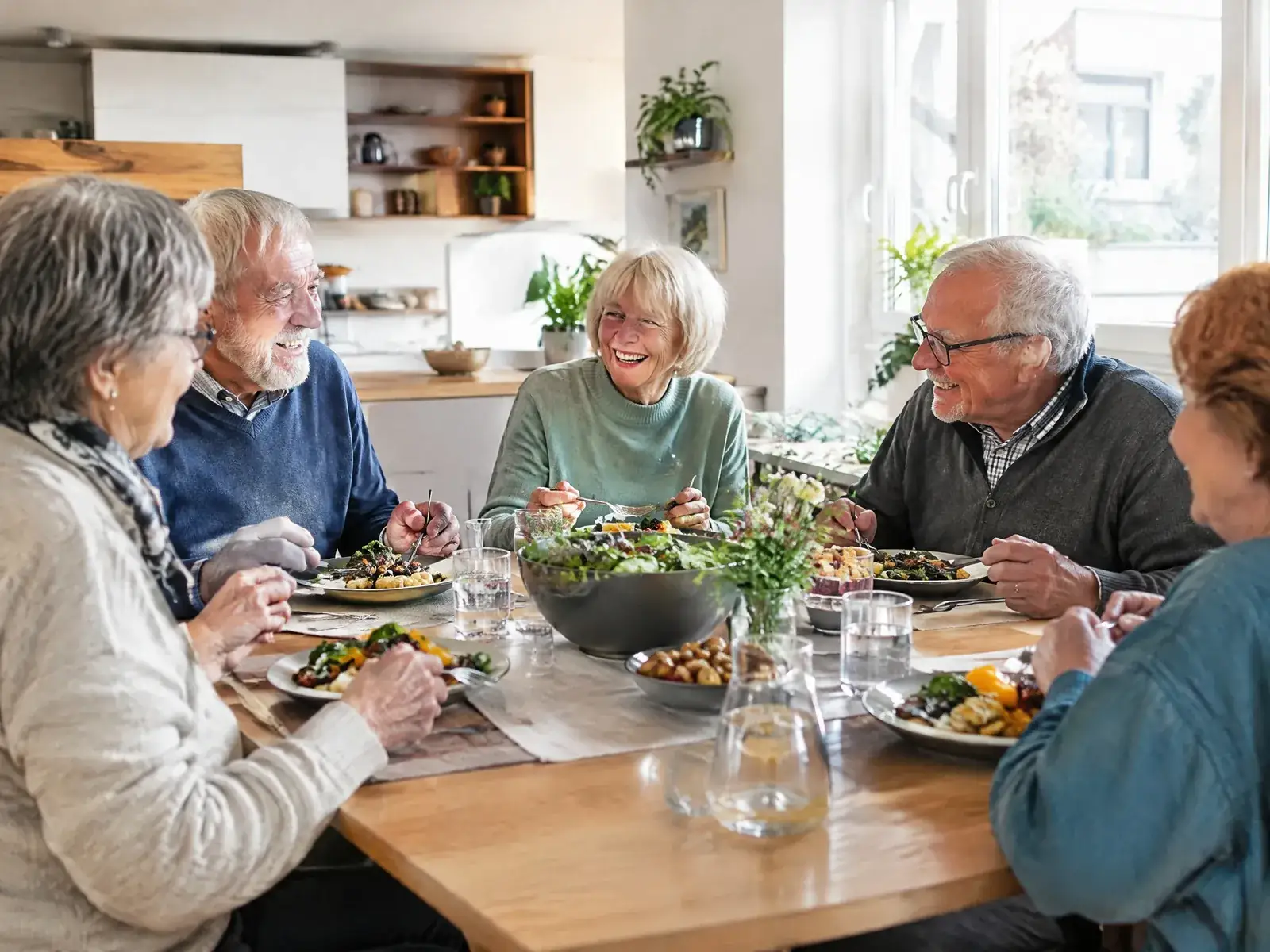 Senioren-WG gründen: Bewohner essen gemeinsam in der hellen Wohnküche