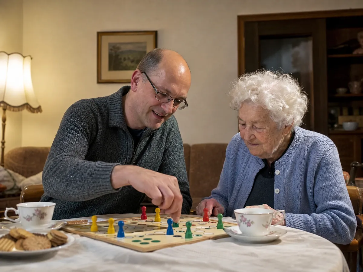 Selbstständiger Seniorenbetreuer spielt mit einer älteren Dame im Wohnzimmer ein Brettspiel
