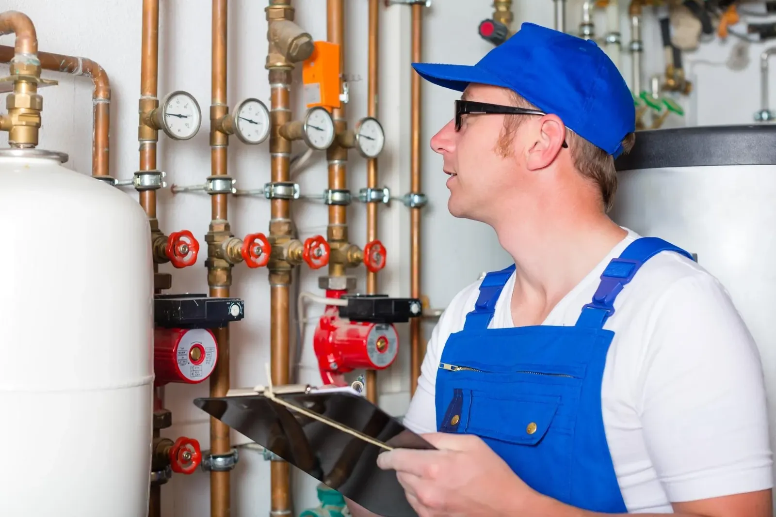 Anlagenmechaniker in blauer Latzhose prüft mit Klemmbrett eine Heizungsanlage mit Kupferrohren und Manometern