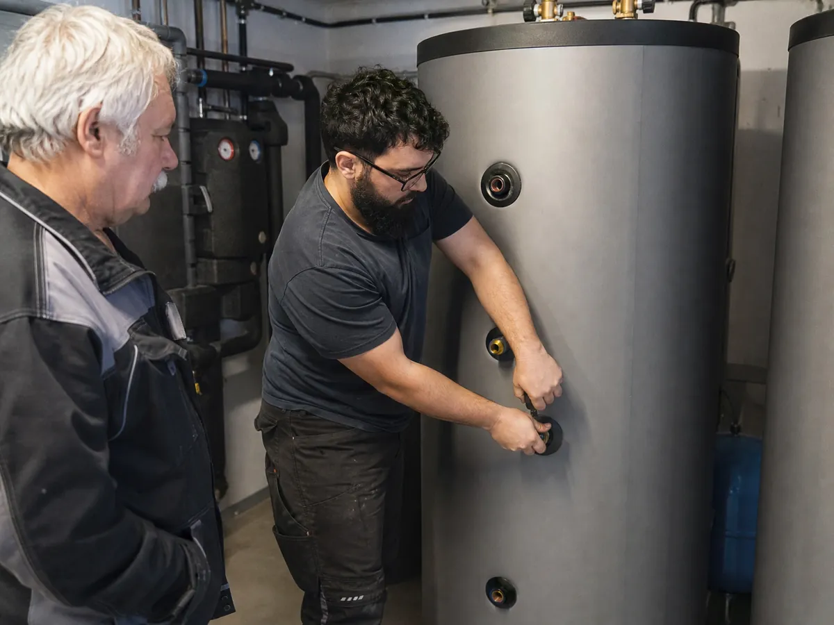 Junger Meister montiert einen Pufferspeicher unter den Augen des Inhabers, dessen SHK-Betrieb er übernimmt
