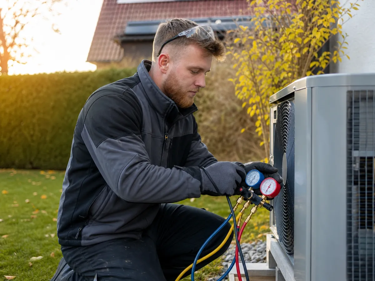 SHK-Handwerker schließt an der Außeneinheit einer Split-Wärmepumpe Manometer und Kältemittelschläuche an
