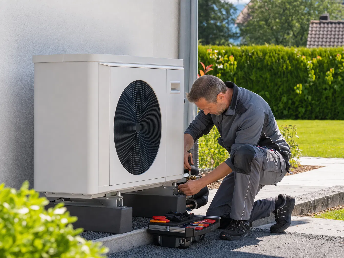 Techniker kniet an einer Wärmepumpe im Garten eines Wohnhauses und prüft die Anschlüsse