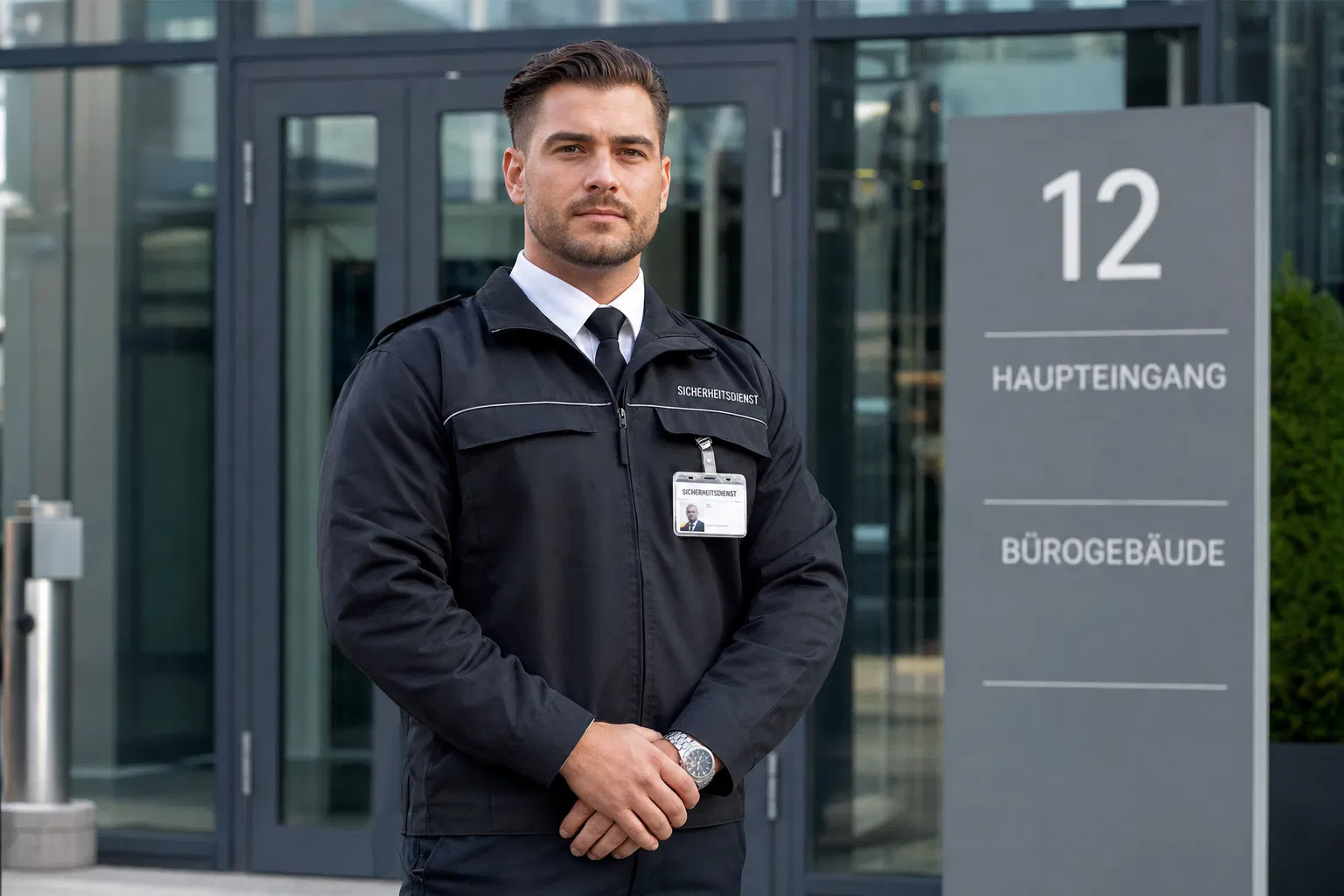 Mann in dunkler Uniform mit Krawatte und Namensschild steht mit verschränkten Händen vor dem gläsernen Eingang eines Gebäudes