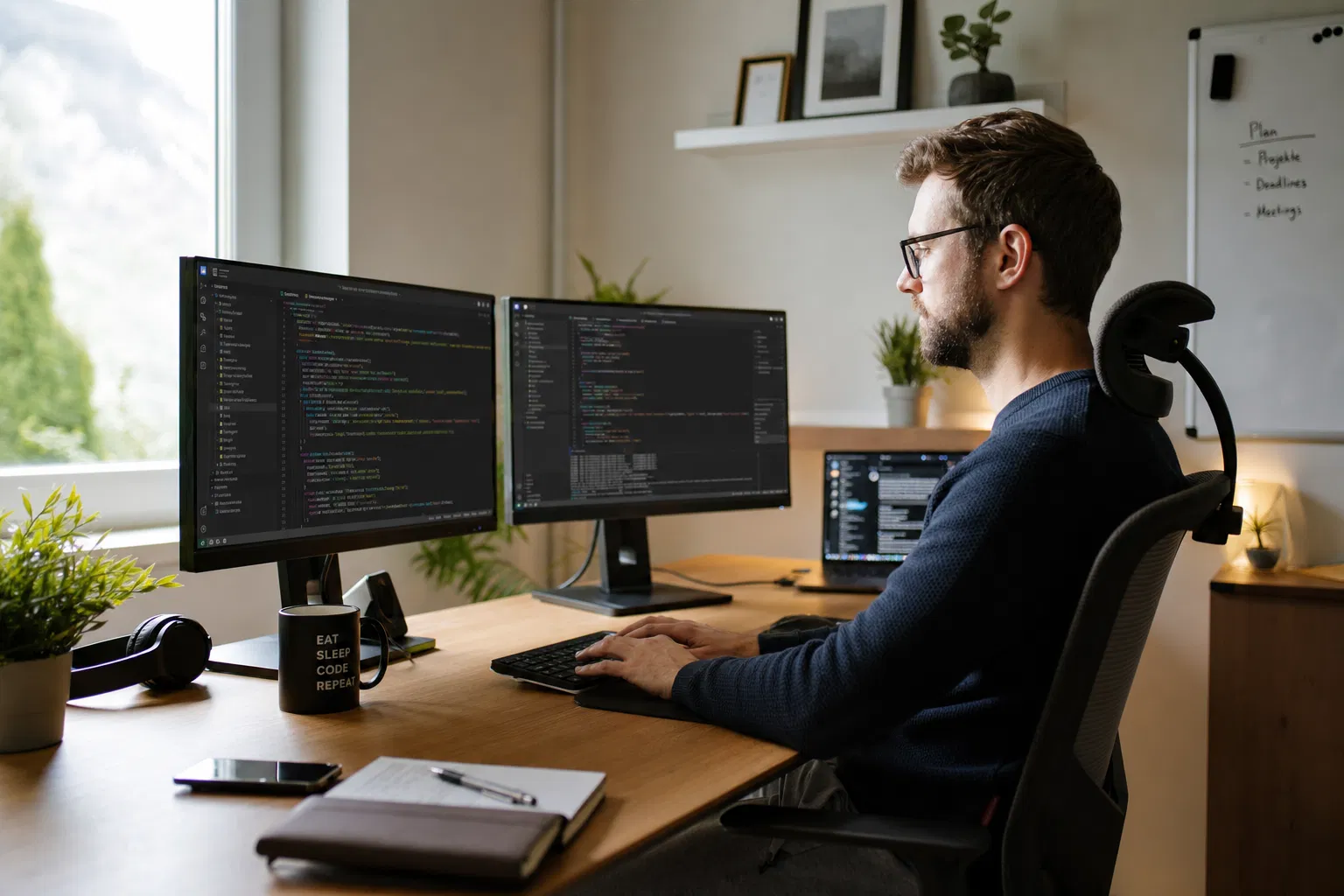 Mann mit Brille arbeitet in einem hellen Büro an einem Schreibtisch mit zwei Monitoren