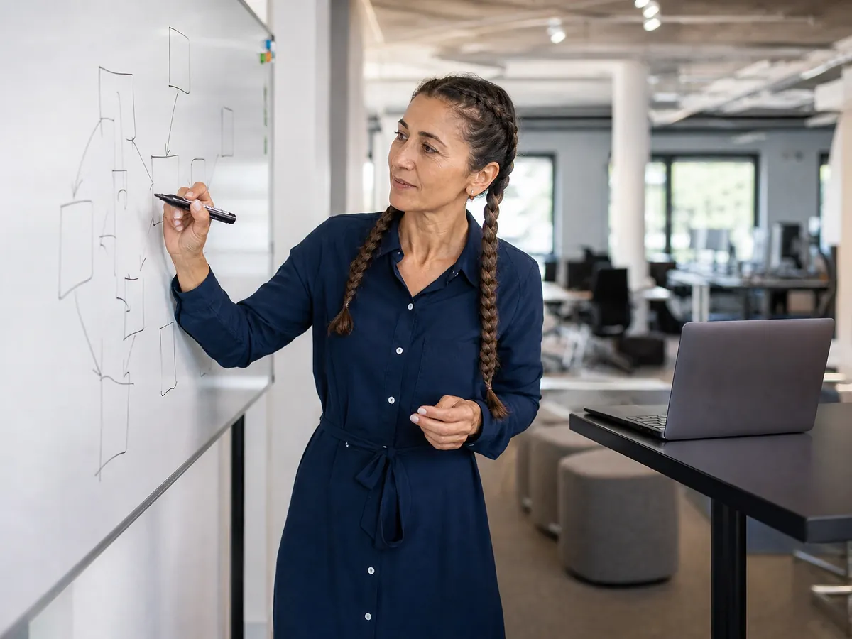Softwareentwicklerin plant eine Systemarchitektur, ingenieurmäßige Arbeit spricht für Freiberuf