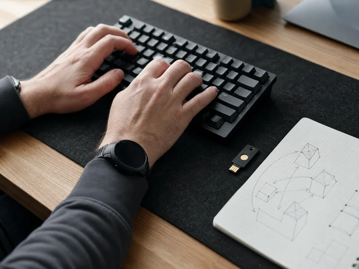 Hände an der Tastatur neben Sicherheitsschlüssel und Skizze, Thema Rechte am eigenen Code