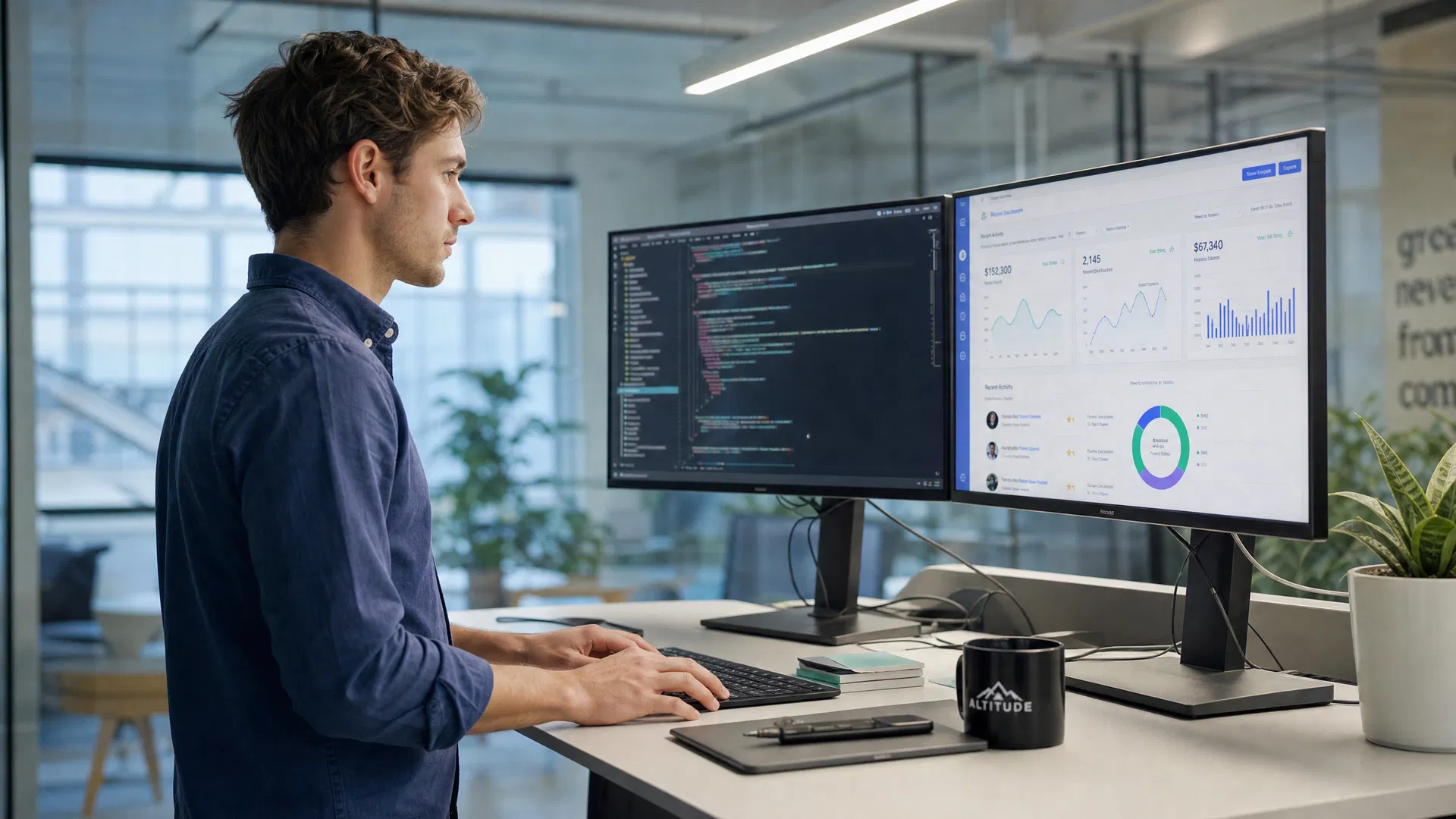 Junger Mann im dunklen Hemd arbeitet stehend an zwei Bildschirmen mit Programmcode und Auswertungen in einem hellen Büro