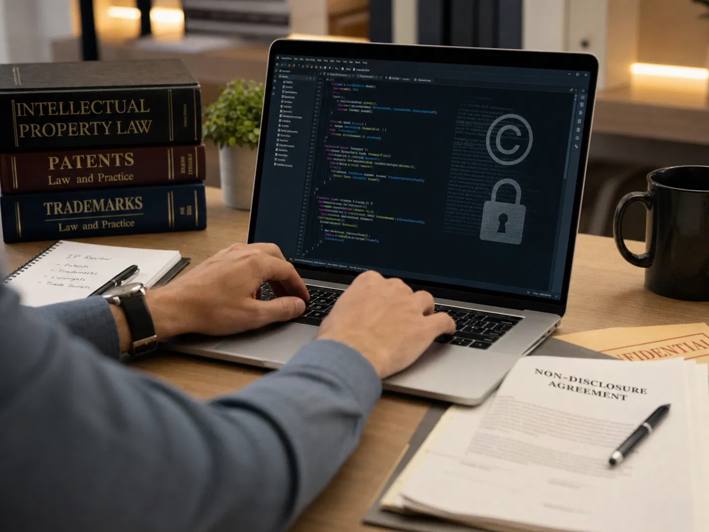 Hände auf einer Laptop-Tastatur, daneben Fachbücher zu Marken und Patenten und ein Vertrag
